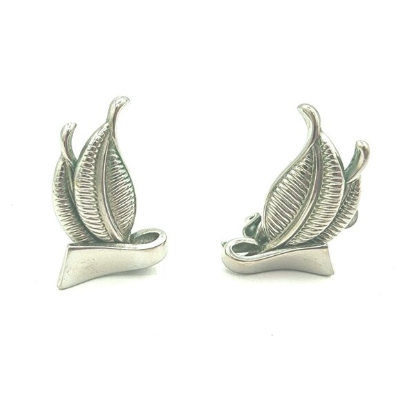 Vintage Silver Alice Caviness Clip-On Leaf Earrings Swirl MCM  Natural Patina - Picture 1 of 7